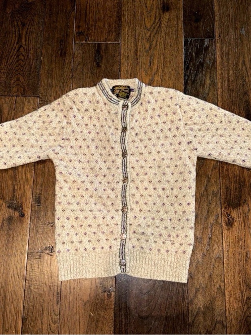 Vintage Eddie Bauer Cream Cardigan with Subtle Purple Fleck- wool